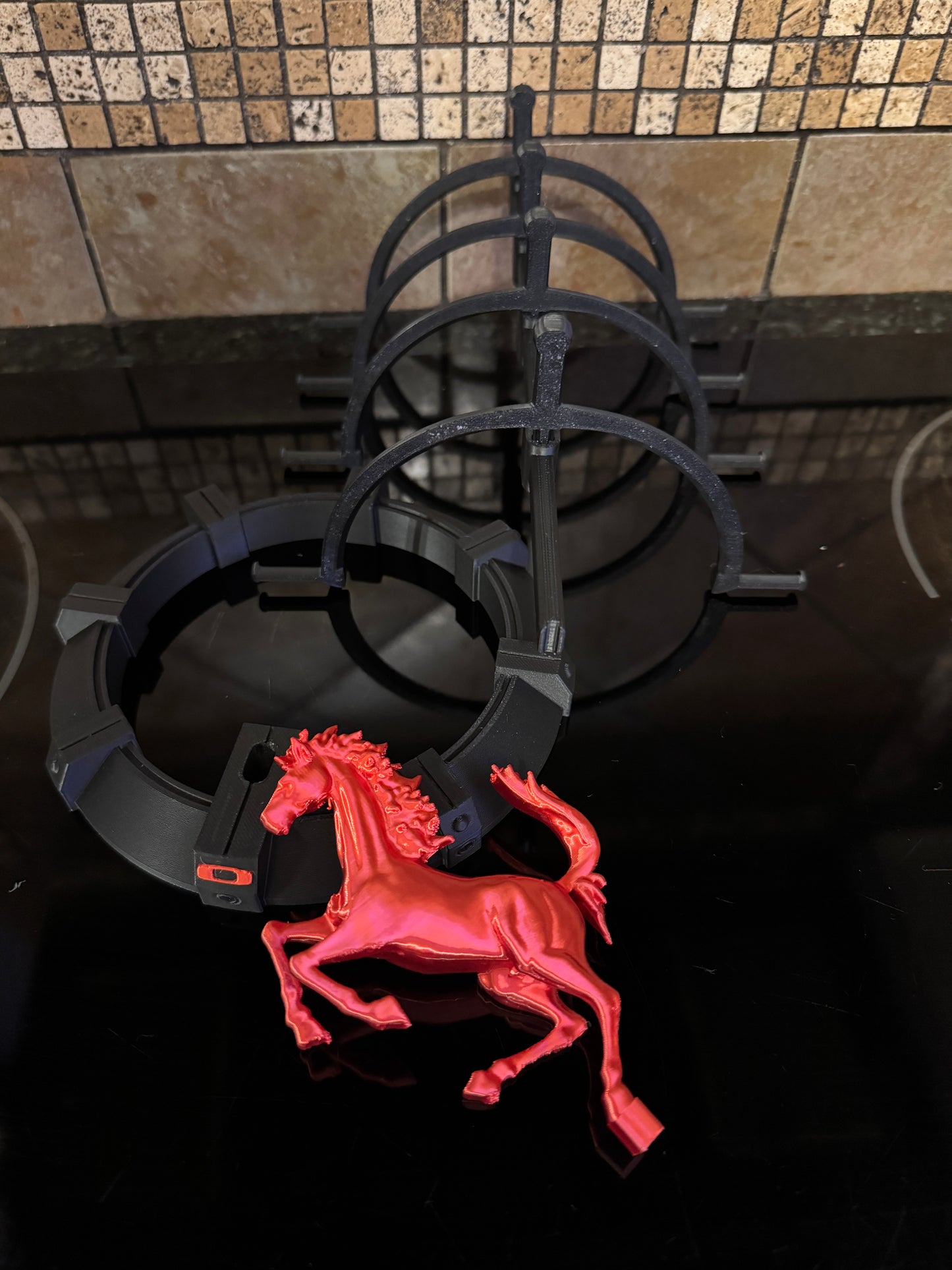Oaklie FDM Ferrarie Themed Display Stand –  Carbon Fiber Infused Base w/ Metallic Fire Red Logo & dancing Horse