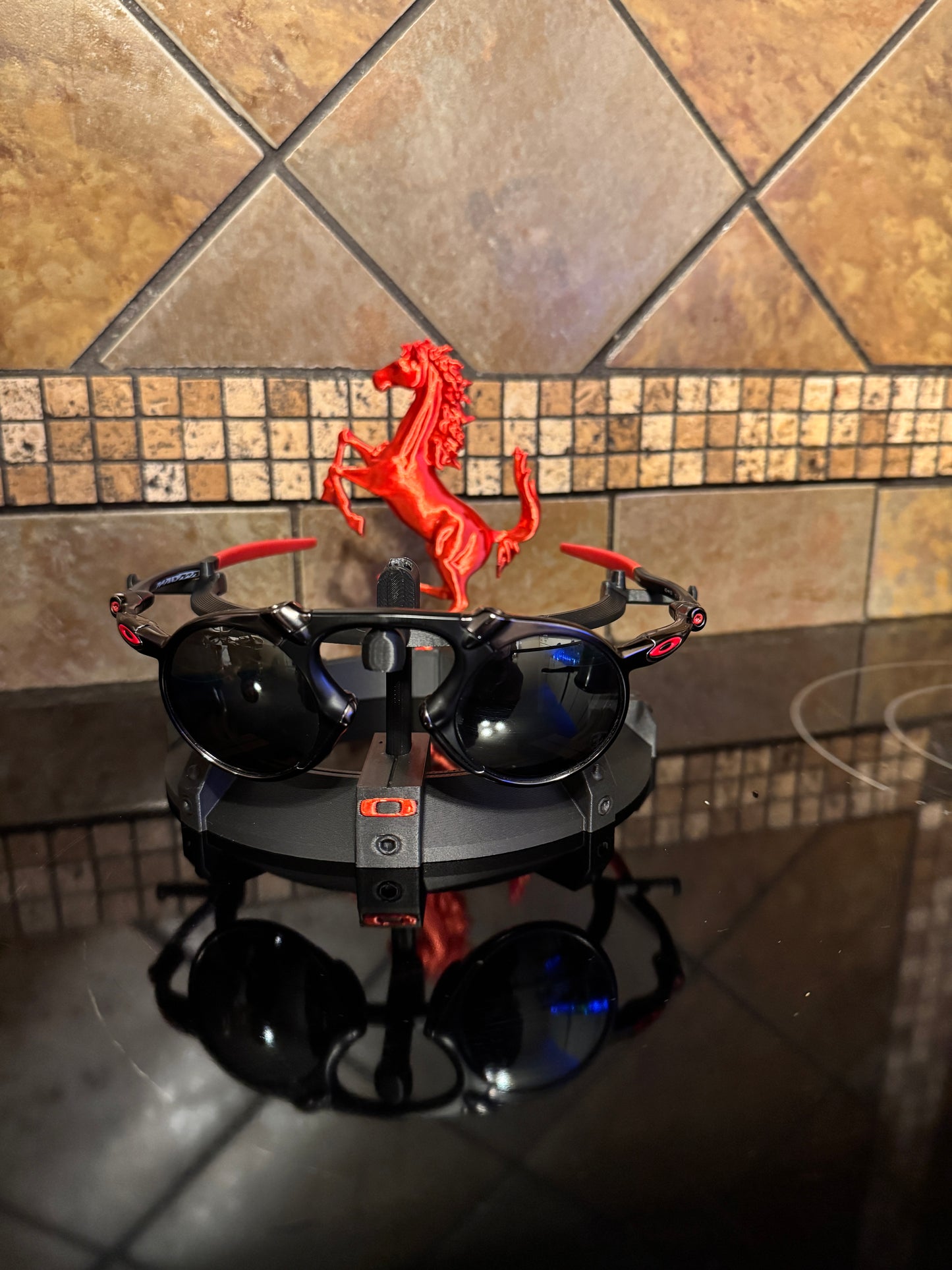 Oaklie FDM Ferrarie Themed Display Stand –  Carbon Fiber Infused Base w/ Metallic Fire Red Logo & dancing Horse